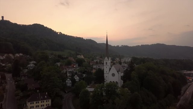 sunset time adliswil town aerial panorama 4k switzerland
