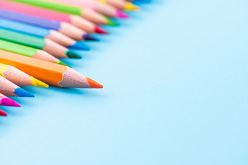Education or back to school Concept. Close up macro shot of color pencil pile pencil nibs on white background.