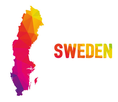 Low polygonal map of Kingdom of Sweden (Konungariket Sverige) with sign Sweden, both in warm colors of red, purple, orange and yellow; sovereign state in Scandinavia, Northern Europe