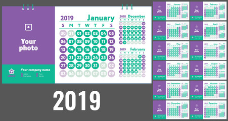 Calendar 2019. Vector English quarterly calender. January / May, June, July, August, September, October, November, December. Sunday. Ready design template. Planner. Planning. Trend purple, green color