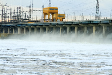 Reset of water at hydroelectric power station on the river