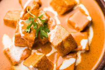 Paneer Butter Masala also known as Panir  makhani or makhanwala. served in a ceramic or terracotta bowl with fresh cream and coriander. Isolated over colourful moody background. selective focus