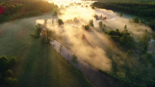 Autumn landscape. Fall nature aerial top view. Mist above meadow with river. Flight above sunny valley.