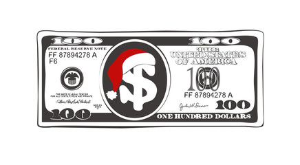 Christmas bill one hundred dollar with Santa Claus red hat in black and white colors.