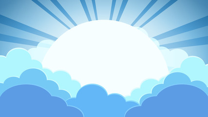 Colorful blue sky background with clouds and sun with rays
