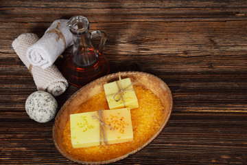 argan oil for the body, bath ball, handmade musk soap, white clean towel,with free space for text