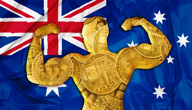 cryptocurrency mining business concept: powerful Australian Bitcoin and growth. American Flag and bodybuilder shaped Bitcoin crypto currency. Financial concept of exchange rate of Bitcoins in Dollars