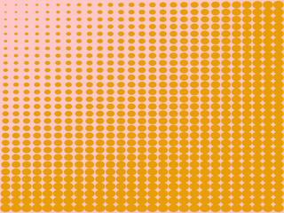 Pop art background, the orange color turns into pink. Circles, balls of different shapes. Vector