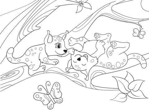 Childrens coloring book cartoon family of leopards on nature.