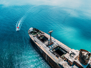 Aerial Drone View Of Old Shipwreck Ghost Ship Vessel