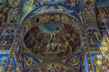 Fototapeta na wymiar Ceiling of the Church of the Savior on Spilled Blood. It is an architectural landmark of city and a unique monument to Alexander II the Liberator.
