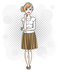 Attractive blonde woman posing on modern background with bubbles and circles and wearing casual clothes. Vector nice lady illustration.