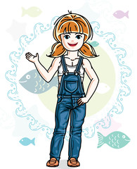 Little redhead girl cute child toddler in casual clothes standing on marine backdrop with ocean and fishes. Vector pretty nice human illustration.