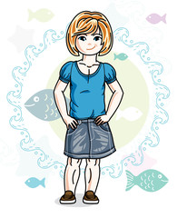 Little redhead girl toddler standing in fashionable casual clothes. Vector kid illustration. Sea fauna theme.