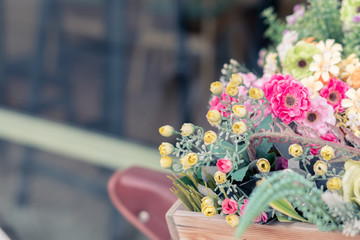 Bunch of Colorful Flowers in the wooden Basket of vintage bicycle, Pastel Valentine day Background with copy space