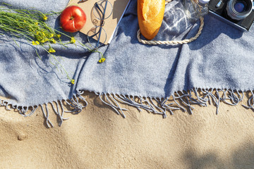 Flat lay Summer Picnic on the beach