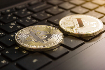 Silver Bitcoin and Litecoin on Keyboard
