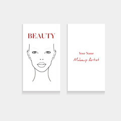 Set business card template for makeup artist. Beautiful woman portrait face with eyeliner make up. Beauty face chart makeup artist business card concept. Vector fashion illustration