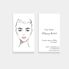 Set business card template for makeup artist. Beautiful woman portrait face with eyeliner make up . Beauty makeup artist business card concept. Vector fashion illustration