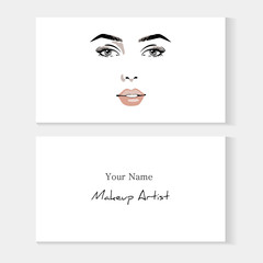 Set business card template for makeup artist. Beautiful woman portrait with eyeliner make up fashion illustration. Beauty makeup artist business card concept. Hand drawn graphic in watercolor style
