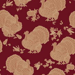 Turkey, Thanksgiving, seamless pattern. Hand drawn vector illustration of turkey, pumpkin, corn, grapes, mushrooms, autumnal leaves.