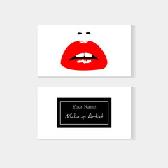 Set of makeup artist business cards template with red lips with place for your text. Vector beauty illustration. Elegant fashion design cards. Isolated vector.