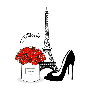 Fashion set composition of peonies red flowers in box, Shoes and Eiffel Tower. Artistic Vector illustration. Gorgeous Composition in red and black colors. Paris Fashion Poster