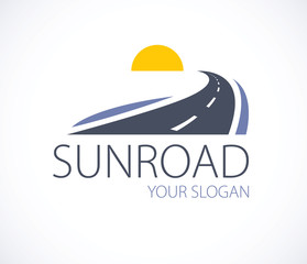 The road to the setting sun, curved highway vector perfect design illustration or logo. Camping, travel and tourism theme, car or bus trip ride. Can be used as a road banner or billboard.