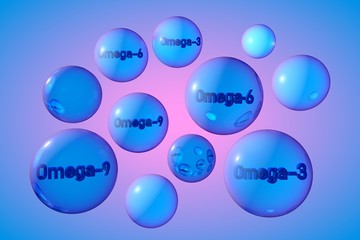 Transparent blue omega-3, omega-6 and omega-9 pills. Fish and vegetable oil capsules. Polyunsaturated fatty acids. Vitamin and mineral complex. Medical background