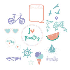 Travel collection. Digital vector illustration of colorful travel and summer symbols for sites design, posters, greeting cards, wrapping paper, gift boxes, towels, curtains, shoppers, beach bags