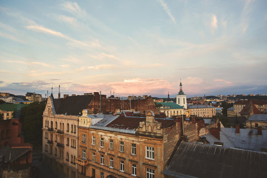A view from rooftop on Lviv city skyline