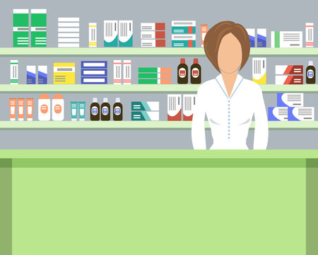 Web banner of a pharmacist. Young woman in the workplace in a pharmacy: standing in front of green shelves with medicines. People icon. Vector flat illustration