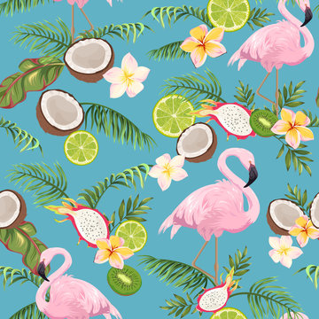 seamless pattern with pink flamingos and tropical plants and fruits