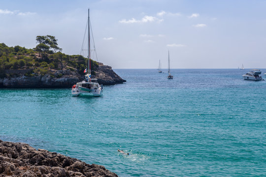 Fototapeta white yacht in a beautiful sea lagoon