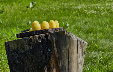 Boiled potatoes on a wooden cutting board. The concept of picnic and cooking in nature.