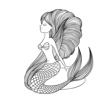 Hand drawn linear cute girl Mermaid for coloring book.
