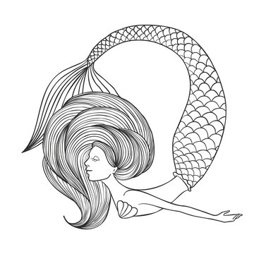 Hand drawn linear cute girl Mermaid for coloring book.