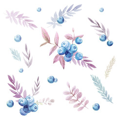 Seamless pattern with blueberries and leaves. Watercolor illustraion