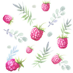 Seamless pattern with raspberry and leaves. Watercolor illustration