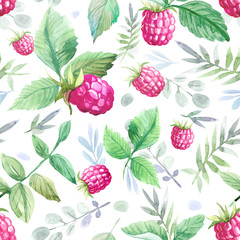 Seamless pattern with raspberry and leaves. Watercolor illustration