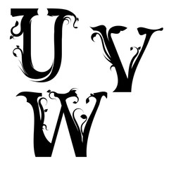 Floral letters U, V and W on white