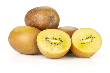 Group of lot of whole two halves of fresh golden brown kiwi fruit sungold variety heap isolated on white