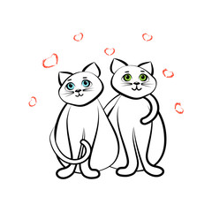 Lovely, loving cats. Tail, heart. Vector illustration.