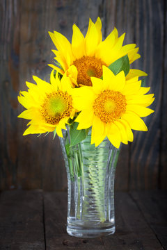 Bouquet of sunflowers in glass vase on dark wooden background, vertical image