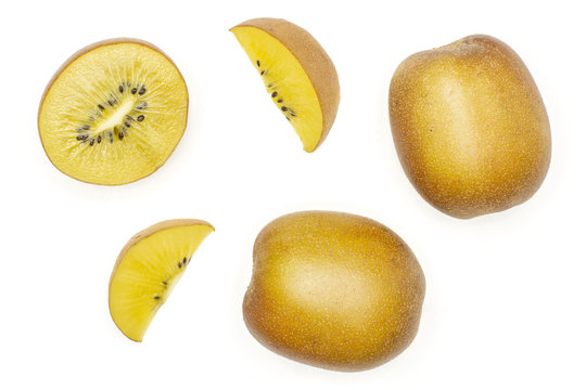Group of two whole one half two slices of fresh golden brown kiwi fruit sungold variety flatlay isolated on white
