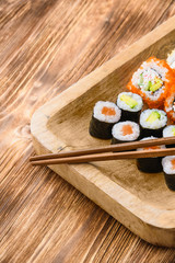 Sushi on a wooden table