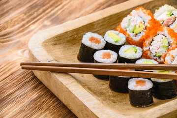 Sushi on a wooden table