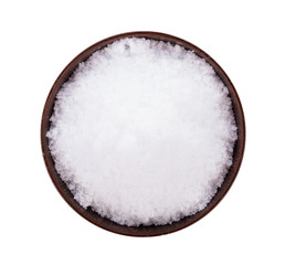 sea salt on wooden bowl isolated on white background