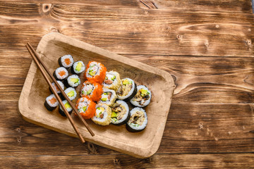 Sushi on a wooden table