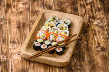 Sushi on a wooden table